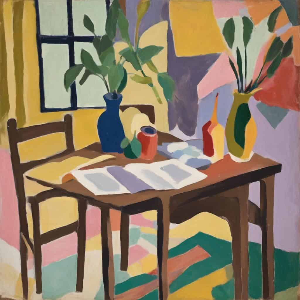 Ζωγραφιά γλασκωμάτων και βάζων λουλουδιών σε τραπέζι, εμπνευσμένη από την τέχνη και την ενσυναίσθηση.