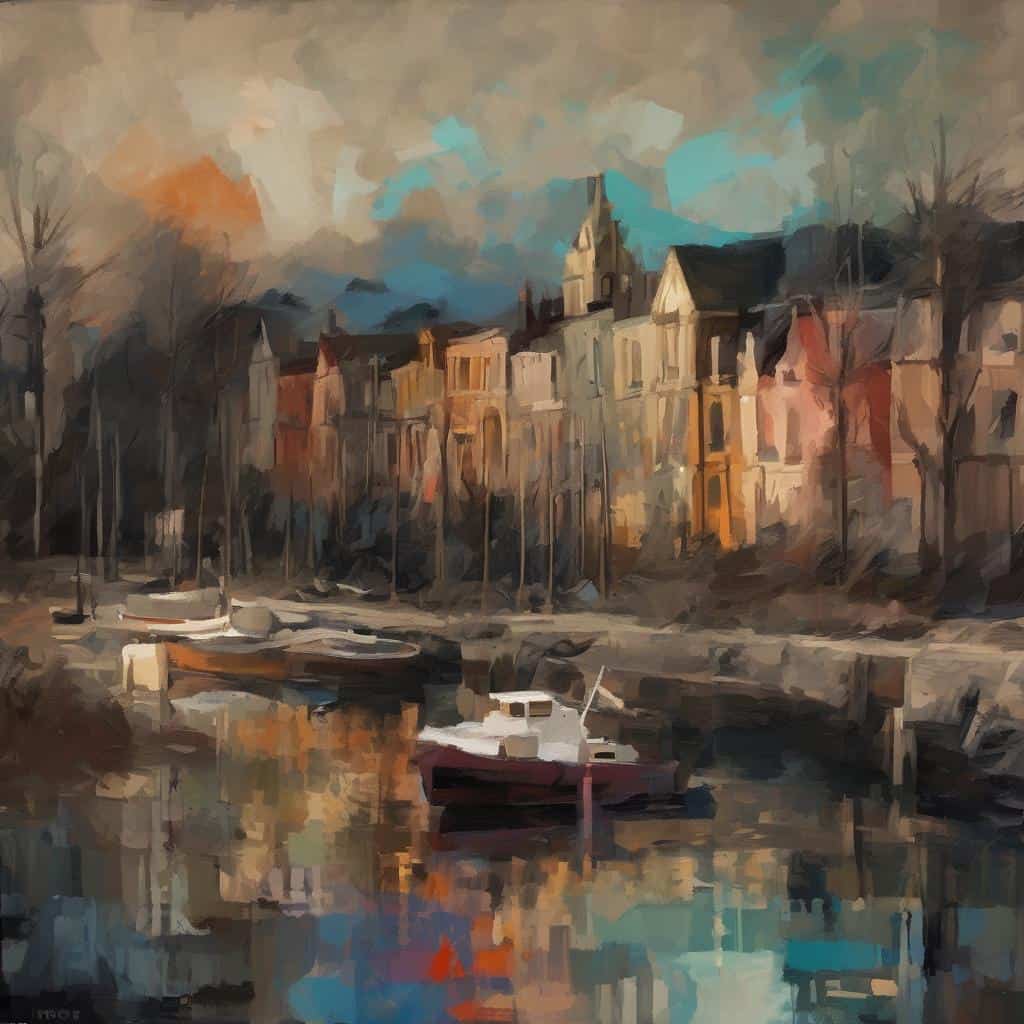 Ακτοπλοΐα και τέχνη, έργο ζωγραφικής της πόλης με σπιτάκια και βάρκες σε λιμάνι, έκφραση ενσυναίσθησης μέσω τέχνης.