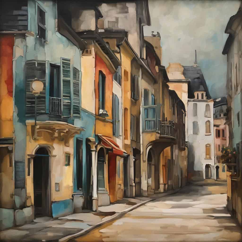 Παλιά αστική γειτονιά με πολύχρωμα σπίτια και δρόμο, τέχνη και ενσυναίσθηση στην καθημερινότητα.