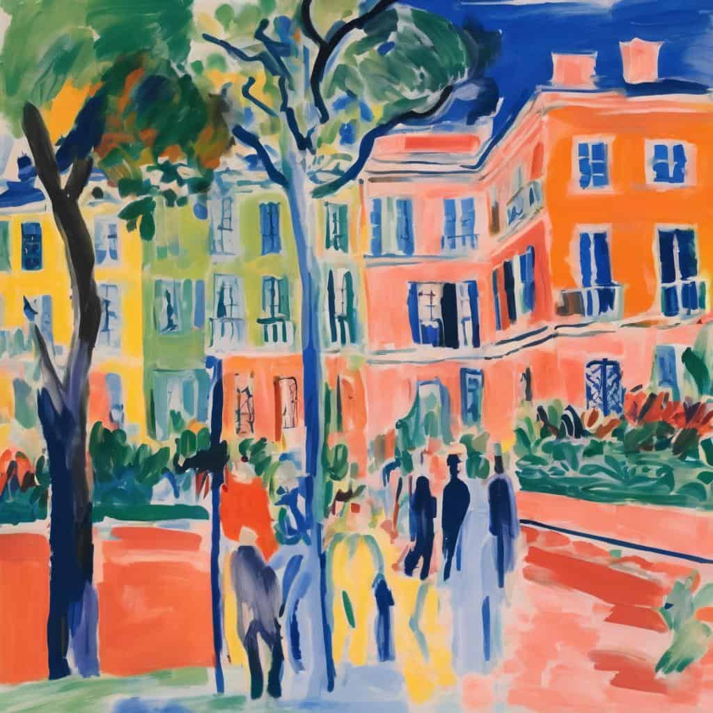 Ζωγραφιά πολυκατοικιών και ανθρώπων σε πάρκο με δέντρα, εκφράζοντας τέχνη και ενσυναίσθηση.